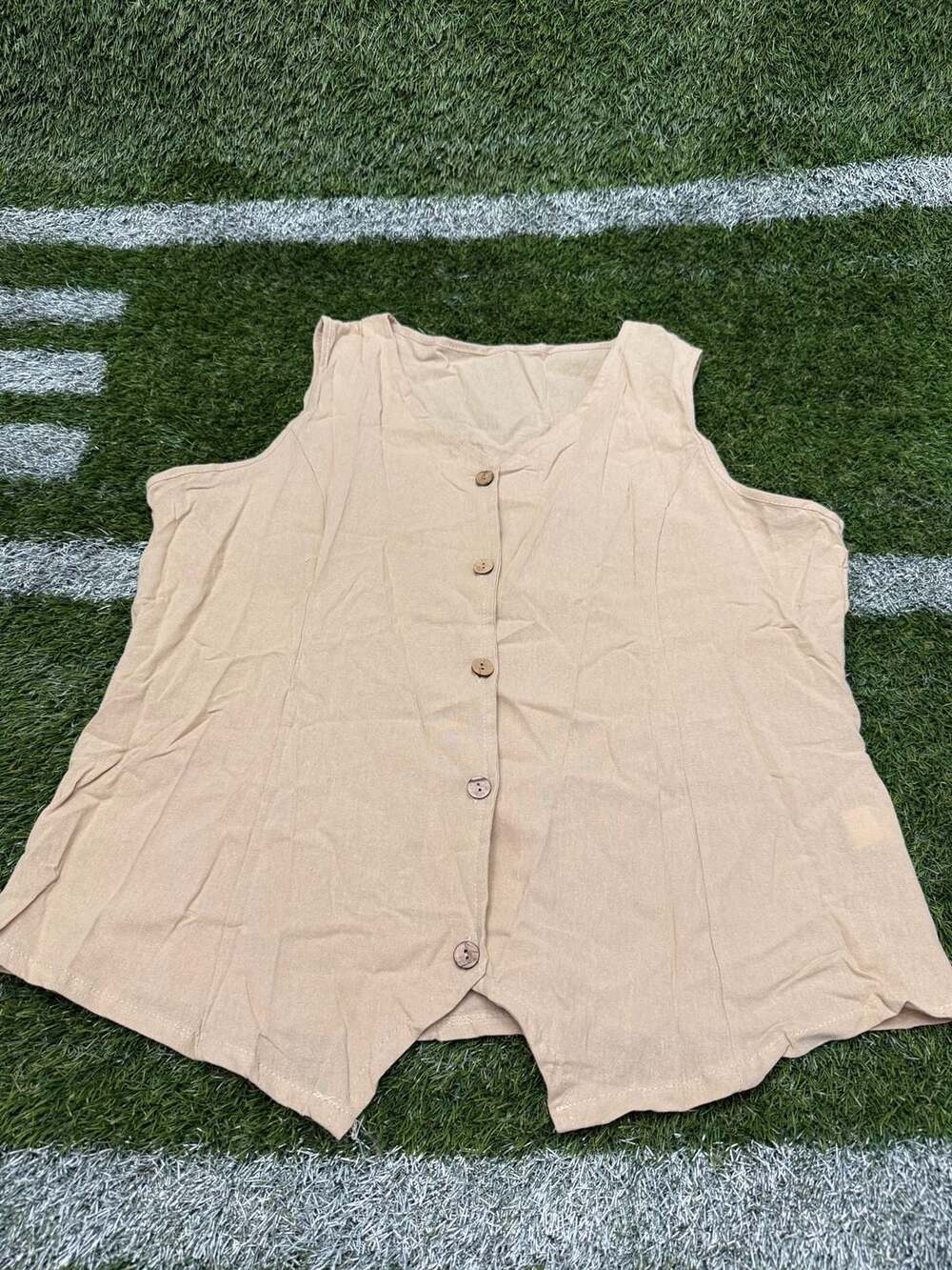 Tan Button Down Sleeveless Vest Tank Top Size L